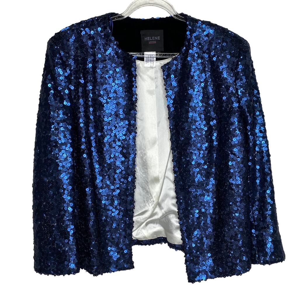 Helene London Womens Size Small Blue Sequin Open Front Blazer Jacket